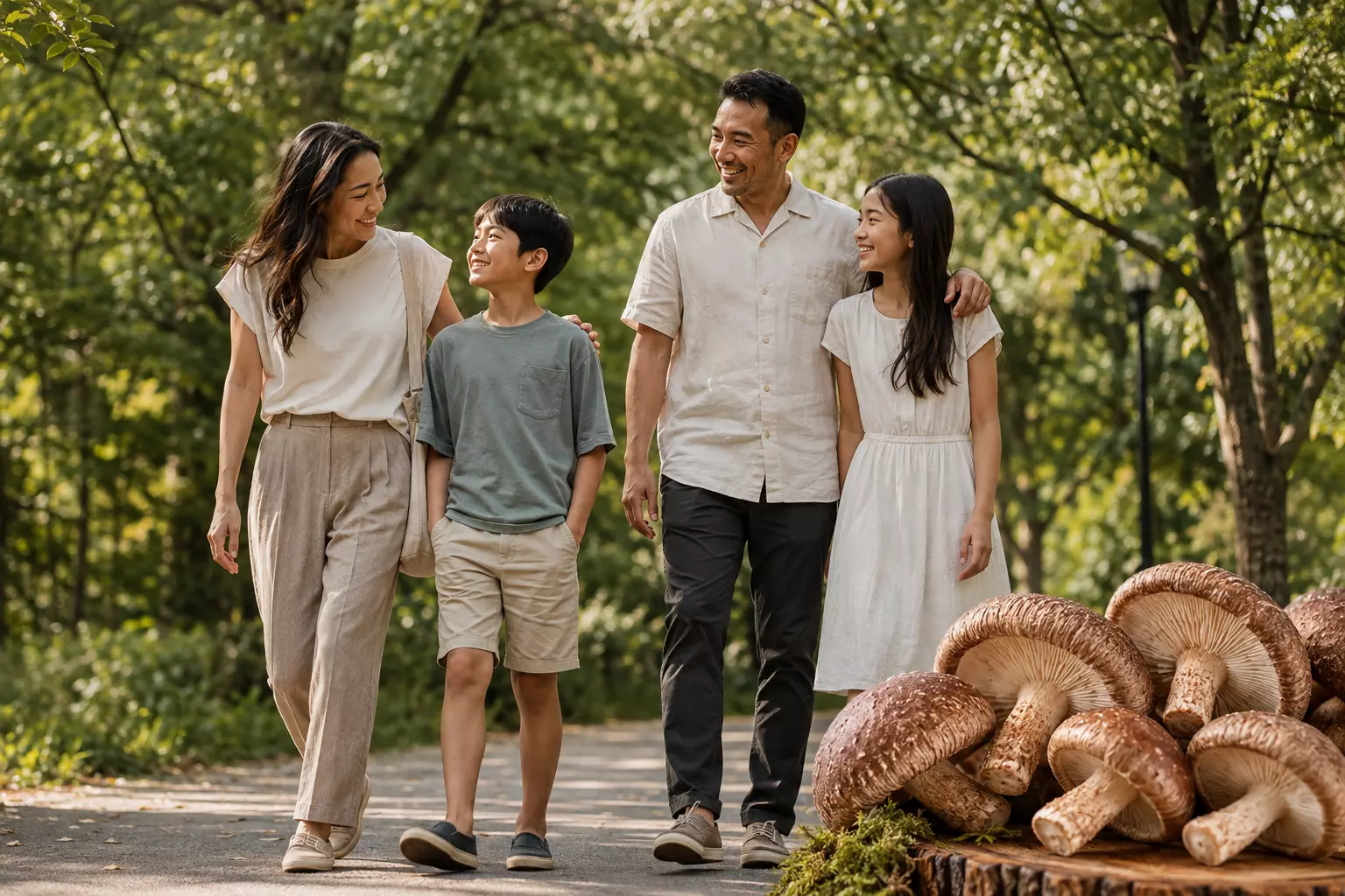 shiitake family walking in park